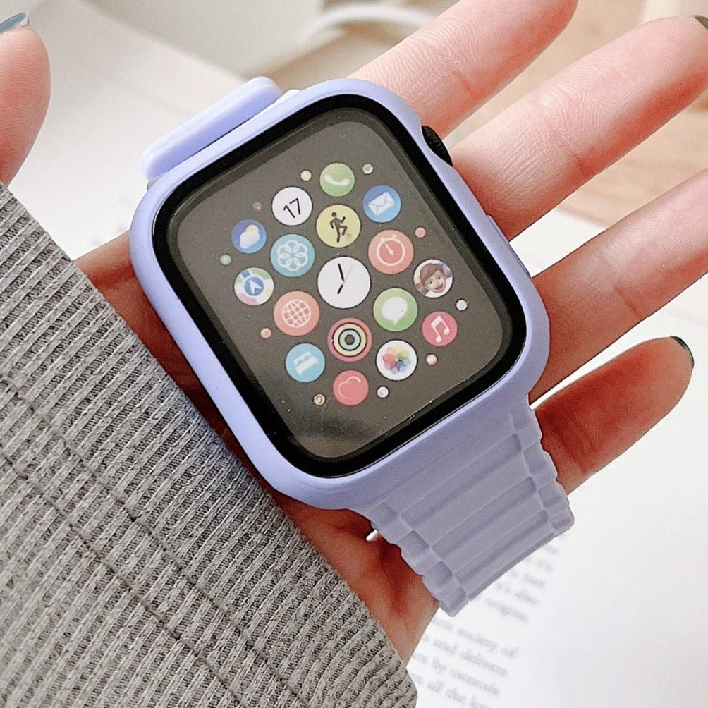 Apple Accessories-3 in 1 - Case + Protector + Band Apple Watch Series 7/8 41mm/45mm Full Covered Magnetic Silicone Fashion Protection Bundle