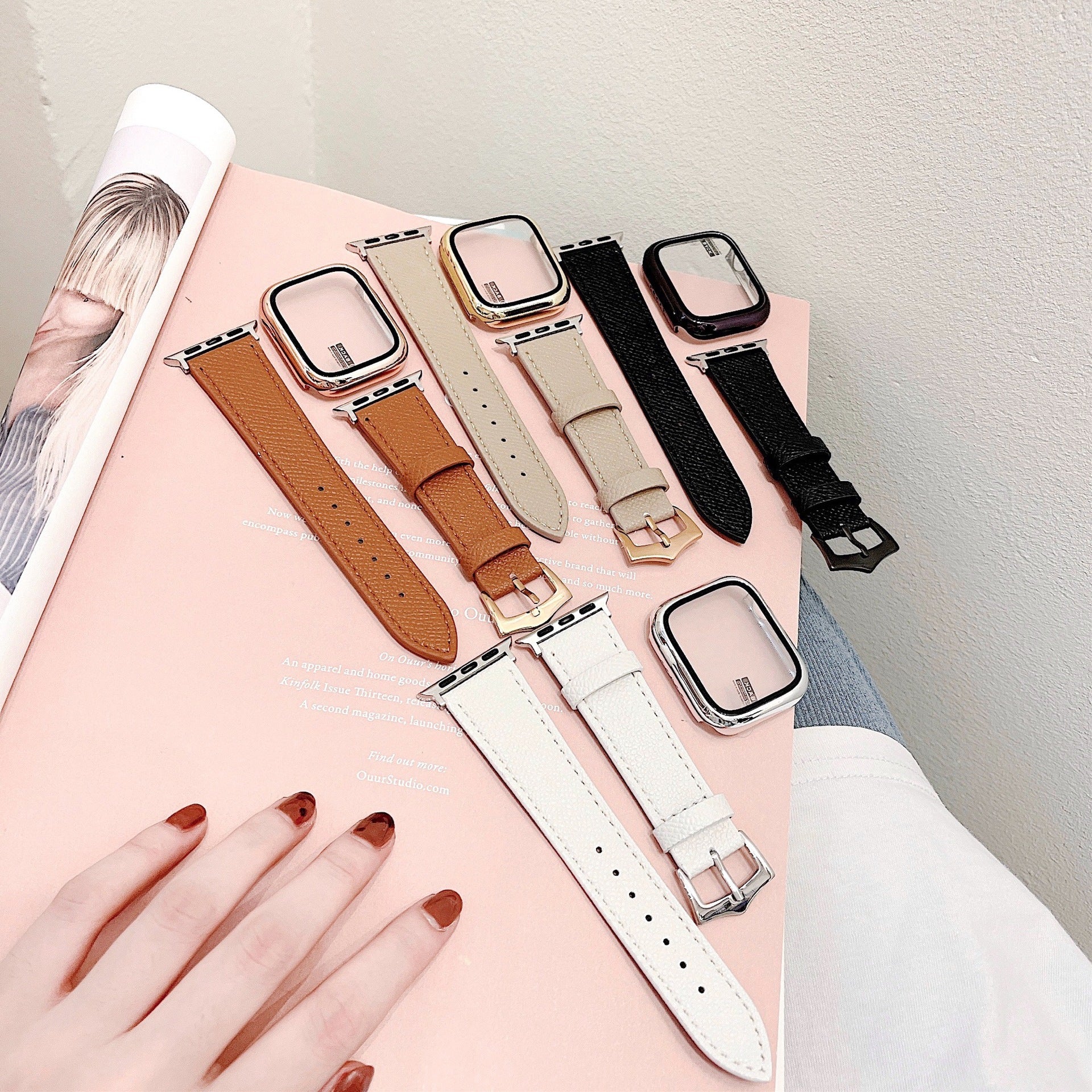 Apple Accessories-3 in 1 - Case + Protector + Band Apple Watch Series 4/5/6/SE 40mm 44mm Full Covered Genuine Leather Fashion Protection Bundle