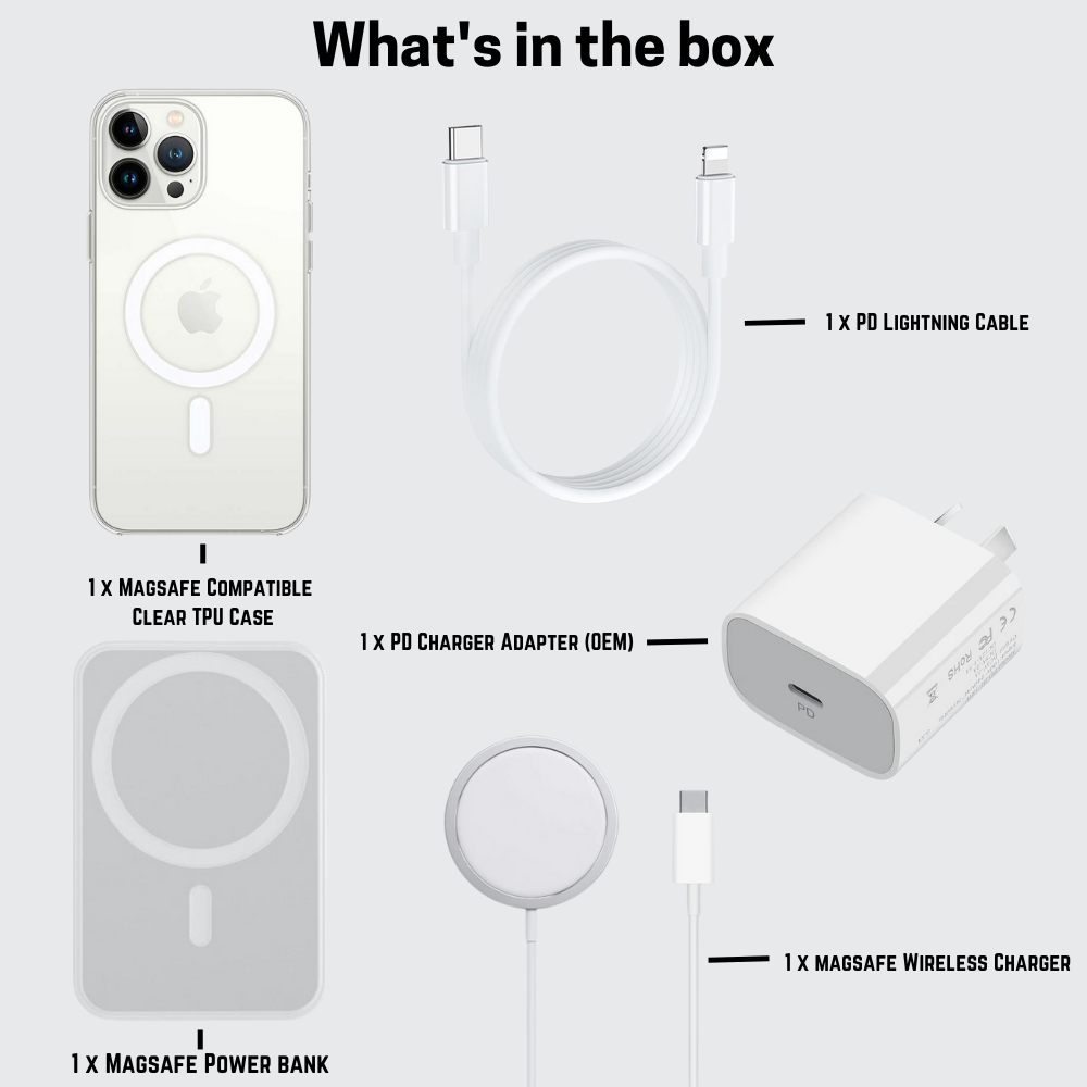 Apple Accessories-[5 in 1 Essential Kit] Apple iPhone 12/Pro/Max MagSafe Case/Charger Adapter/Charging Cable/Magnet Power Bank/Magsafe Wireless Charger
