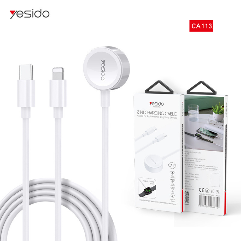Apple Accessories-CA113 Yesido 2 in 1 Apple Watch Magnetic Wireless Charger Cable & USB C To Lightning Cable