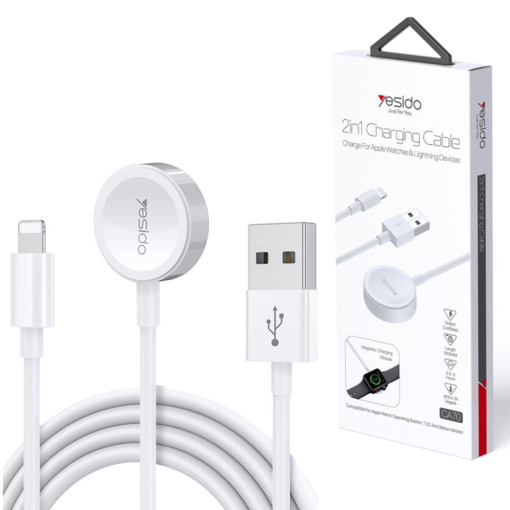 Apple Accessories-CA70 Yesido 2 in 1 Apple Watch Magnetic Wireless Charger Cable & USB To Lightning Cable